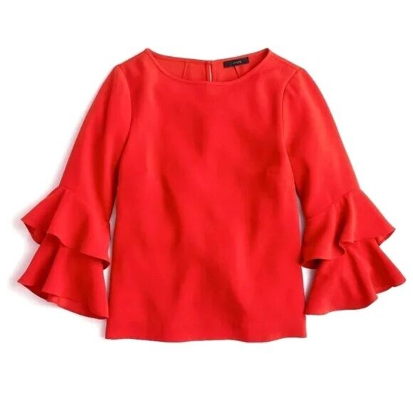 J Crew Shirt Women 00 Petite Red Crepe Lana Tiered Bell Sleeve Blouse NWT Preppy - Picture 3 of 14